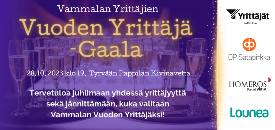 Tervetuloa juhlimaan yhdessä yrittäjyyttä 28.10.2023 sekä jännittämään, kuka valitaan Vammalan Vuoden Yrittäjäksi!